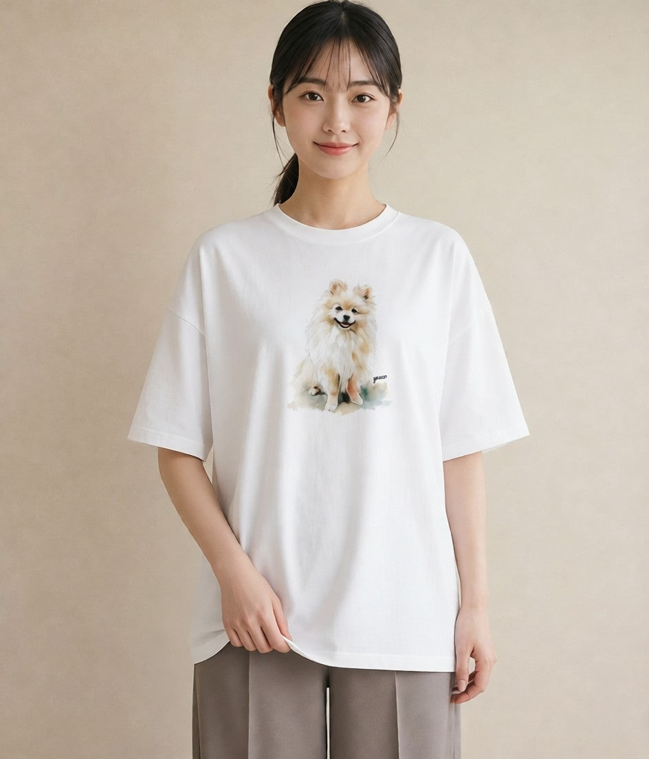 半袖Tシャツ レディース ポメラニアン ポメ 犬 いぬ イラスト きれいめ 通学 誕生日プレゼント 白T YMAZO