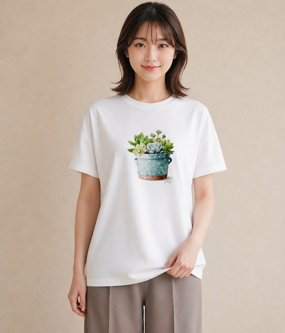 デザインTシャツ レディース 多肉植物 植物 ボタニカル イラスト フェミニン 海 カフェ巡り 白T YMAZO
