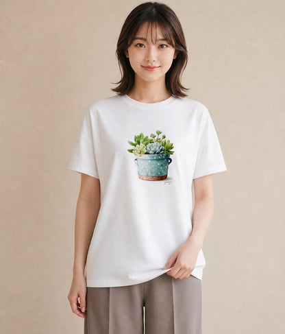 デザインTシャツ レディース 多肉植物 植物 ボタニカル イラスト フェミニン 海 カフェ巡り 白T YMAZO