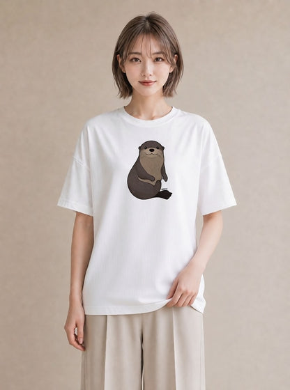 プリントTシャツ レディース カワウソ 動物 アニマル イラスト フェミニン 綿100 デート 白T YMAZO