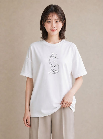 デザインTシャツ レディース 猫 ねこ ネコ イラスト 韓国風 夏コーデ 通学 白T YMAZO