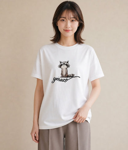 デザインTシャツ レディース たぬき 動物 アニマル イラスト シック デイリーウェア 休日 白T YMAZO