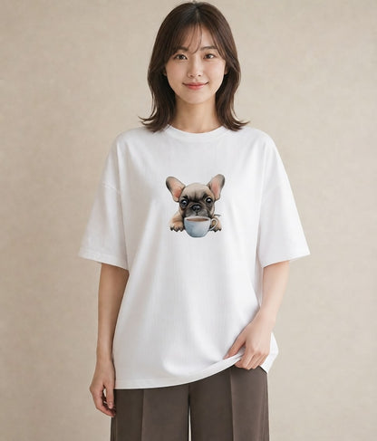 デザインTシャツ レディース フレンチブルドッグ フレブル 犬 いぬ イラスト フェミニン 通学 誕生日プレゼント 白T YMAZO