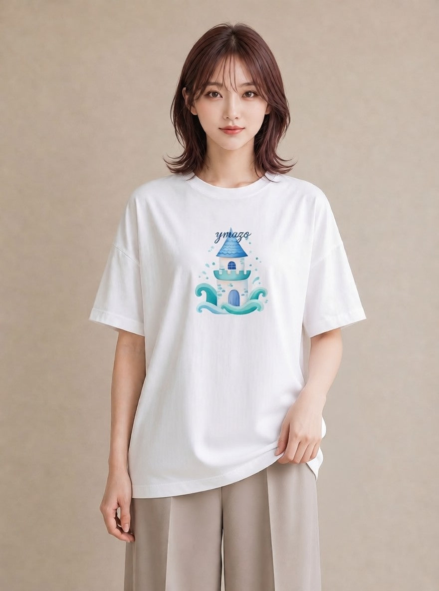 半袖Tシャツ レディース 海 星空 宇宙 イラスト 線画 通勤 在宅 白T YMAZO