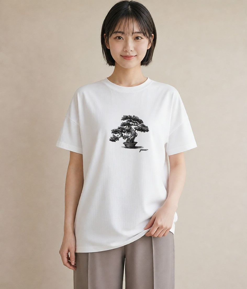 プリントTシャツ レディース 盆栽 植物 ボタニカル イラスト 個性的 女性向けギフト 散歩 白T YMAZO