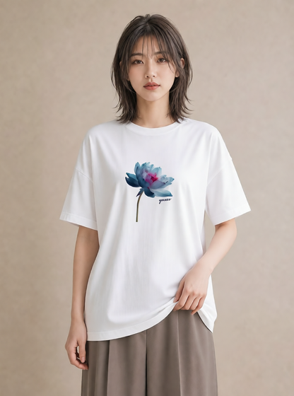 Tシャツ レディース 蓮 花 花柄 イラスト ガーリー 敬老の日 ホワイトデー 白T