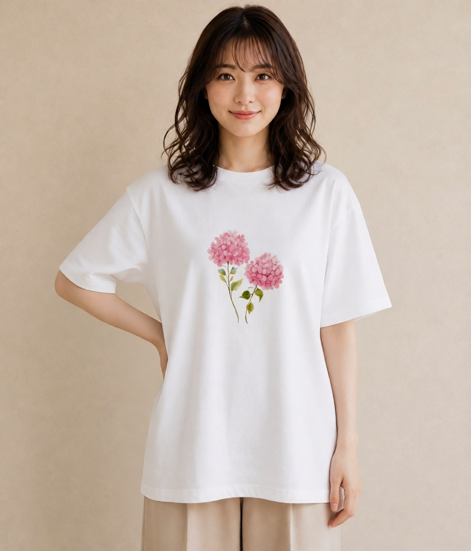 半袖Tシャツ レディース あじさい 紫陽花 アジサイ 花 花柄 イラスト アート風 ルームウェア ギフト 白T YMAZO