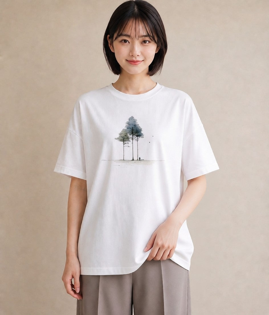 グラフィックTシャツ レディース 雨上がりの小道 雨上がり 小道 ナチュラル アンティーク イラスト ゆるかわ カジュアルコーデ 買い物 白T YMAZO