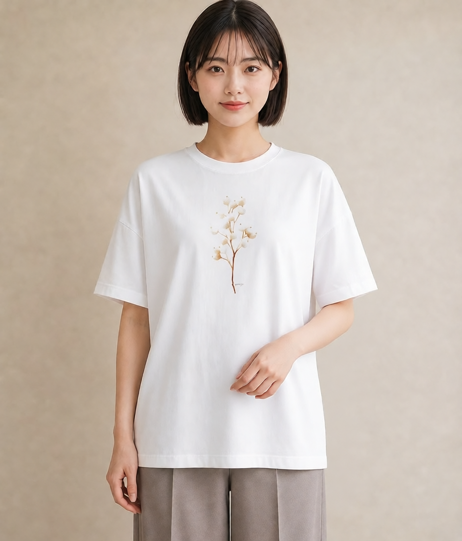 プリントTシャツ レディース カスミソウ かすみ草 花 花柄 イラスト ヴィンテージ風 休日 ペアコーデ 白T