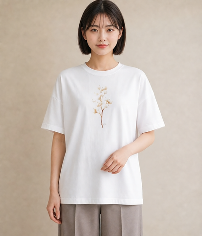 プリントTシャツ レディース カスミソウ かすみ草 花 花柄 イラスト ヴィンテージ風 休日 ペアコーデ 白T