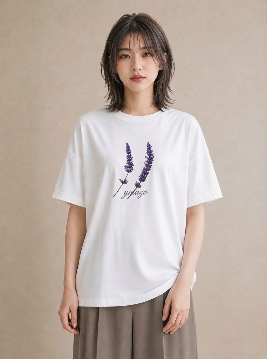 Tシャツ レディース ラベンダー 花 花柄 イラスト 線画 ママ カフェ服 白T