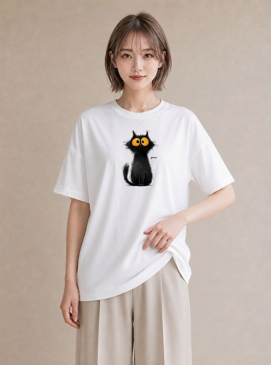 Tシャツ レディース 黒猫 猫 ねこ イラスト フェミニン 散歩 お出かけ 白T YMAZO