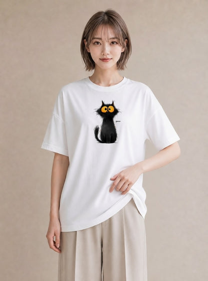 Tシャツ レディース 黒猫 猫 ねこ イラスト フェミニン 散歩 お出かけ 白T YMAZO