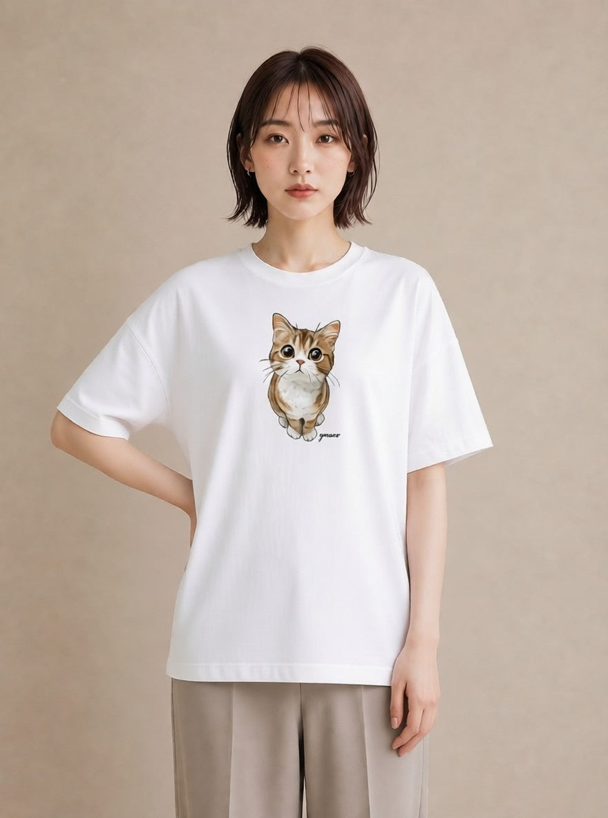 半袖Tシャツ レディース 三毛猫 みけねこ 三毛 猫 ねこ イラスト ガーリー 誕生日プレゼント 綿100 白T YMAZO
