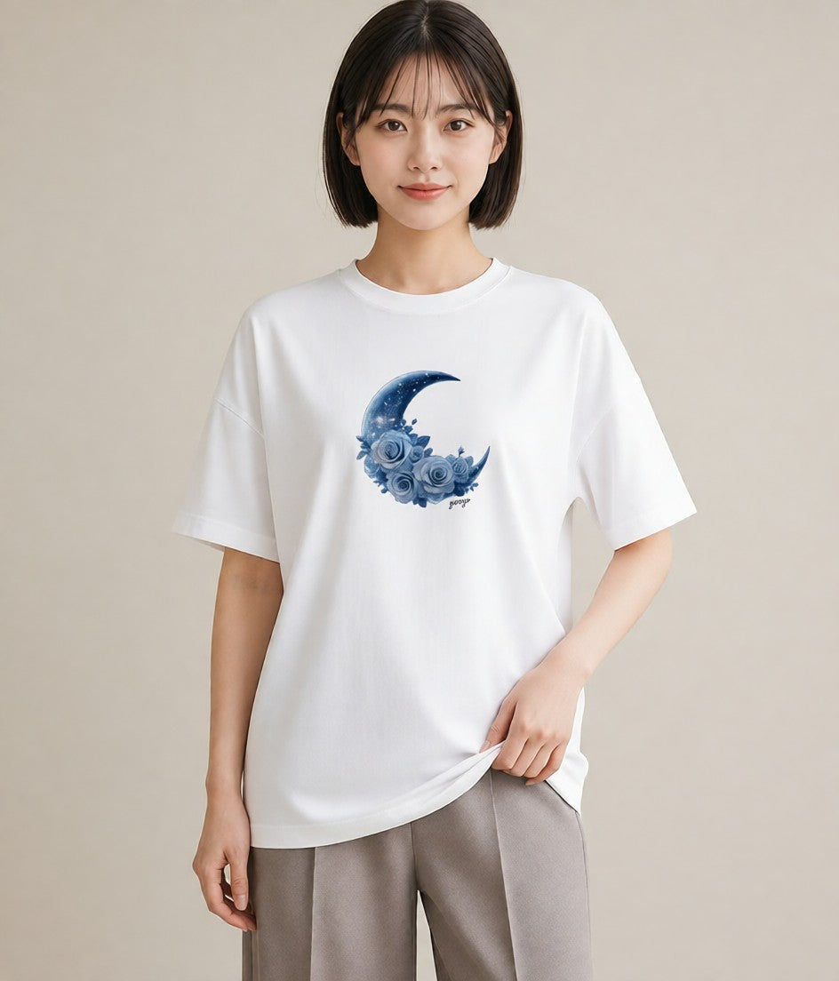 半袖Tシャツ レディース 月 星空 宇宙 イラスト お洒落 春服 ミセス 白T YMAZO