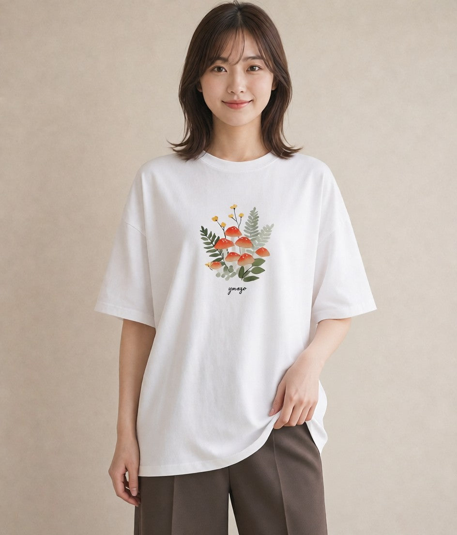 プリントTシャツ レディース きのこ 植物 ボタニカル イラスト きれいめカジュアル 在宅 公園 白T YMAZO
