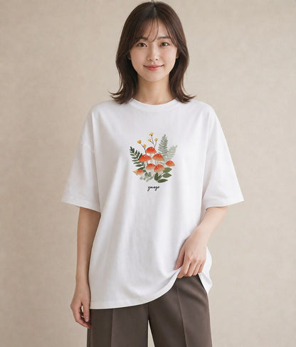 プリントTシャツ レディース きのこ 植物 ボタニカル イラスト きれいめカジュアル 在宅 公園 白T YMAZO