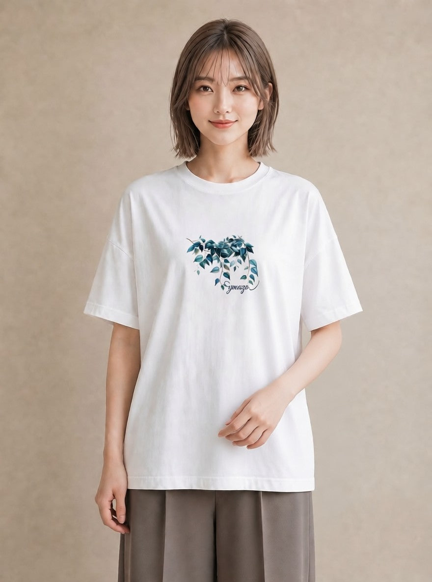 半袖Tシャツ レディース ユーカリ 植物 ボタニカル イラスト きれいめ 公園 ママ 白T YMAZO
