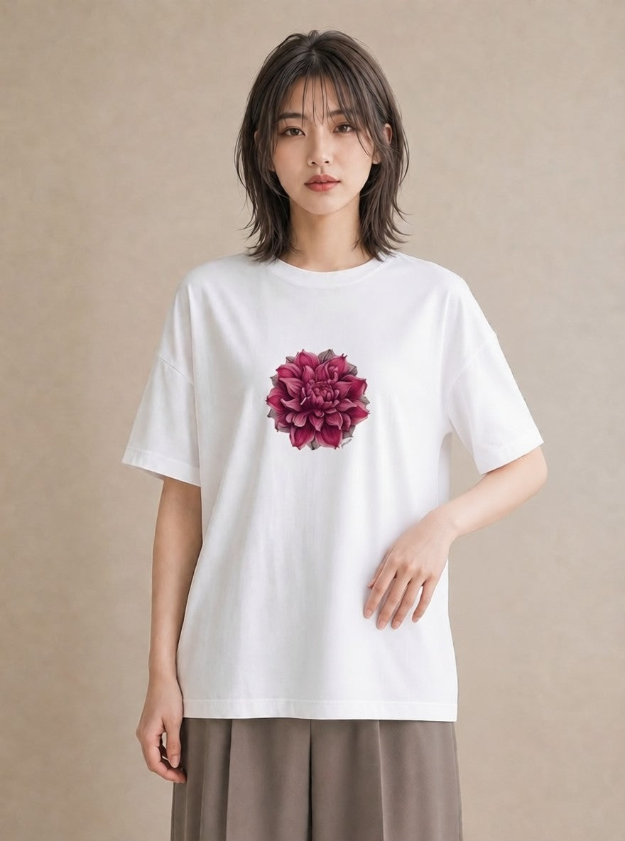 プリントTシャツ レディース 椿 花 花柄 イラスト レトロ ラフ レイヤード 白T YMAZO