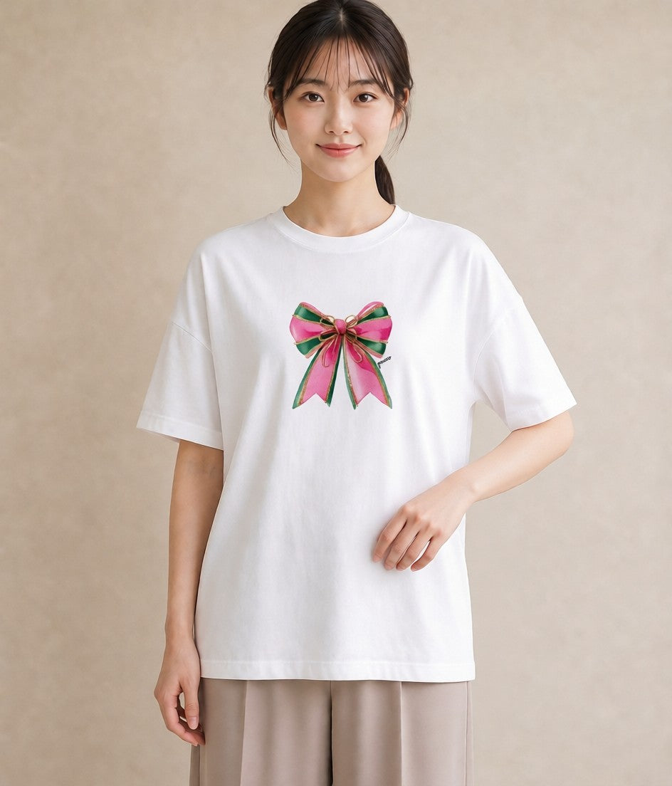 プリントTシャツ レディース リボン 蝶結び ナチュラル アンティーク イラスト こなれ感 ママ カフェ服 白T YMAZO