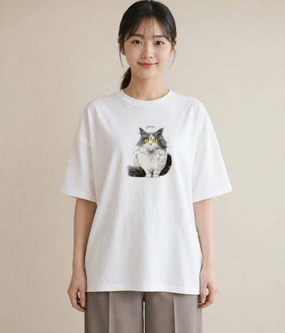 プリントTシャツ レディース 靴下猫 猫 ねこ イラスト 上品 海 カフェ巡り 白T YMAZO