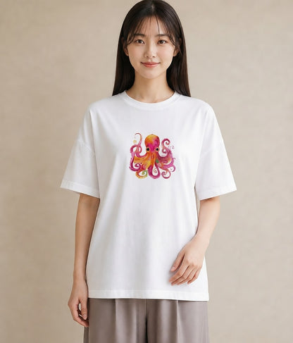 Tシャツ レディース タコ 海の生き物 海 イラスト フェミニン 自分用 ルームウェア 白T YMAZO