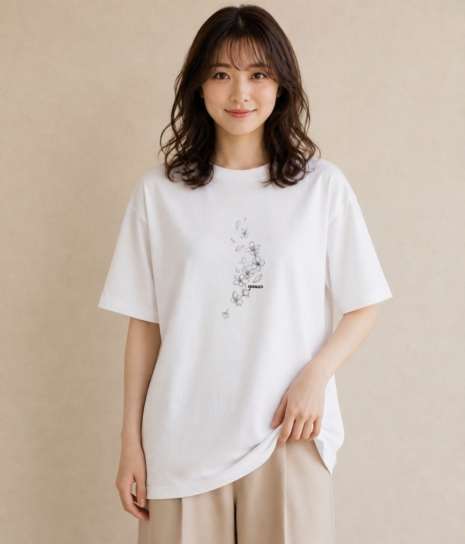 プリントTシャツ レディース さくら 桜 桜の枝 イラスト カジュアル ペアコーデ 秋コーデ 白T YMAZO