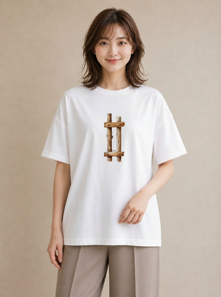 プリントTシャツ レディース 駅のホーム ローカル線 駅 ナチュラル アンティーク イラスト 淡色 デイリーウェア 休日 白T YMAZO