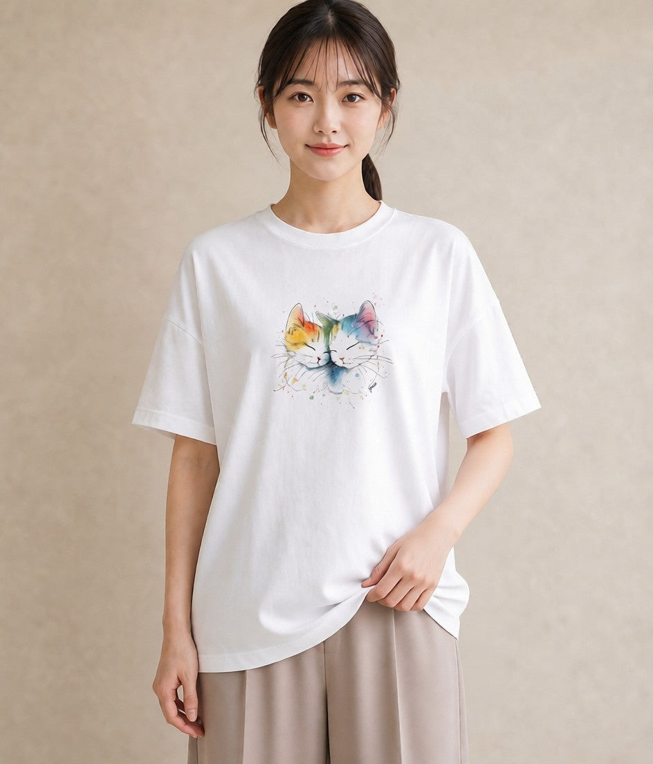 プリントTシャツ レディース ニャンコ 猫 ねこ イラスト こなれ感 デイリーウェア 休日 白T YMAZO
