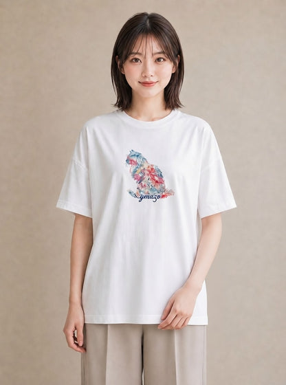 半袖Tシャツ レディース 愛猫 猫 ねこ イラスト お洒落 通勤 在宅 白T YMAZO