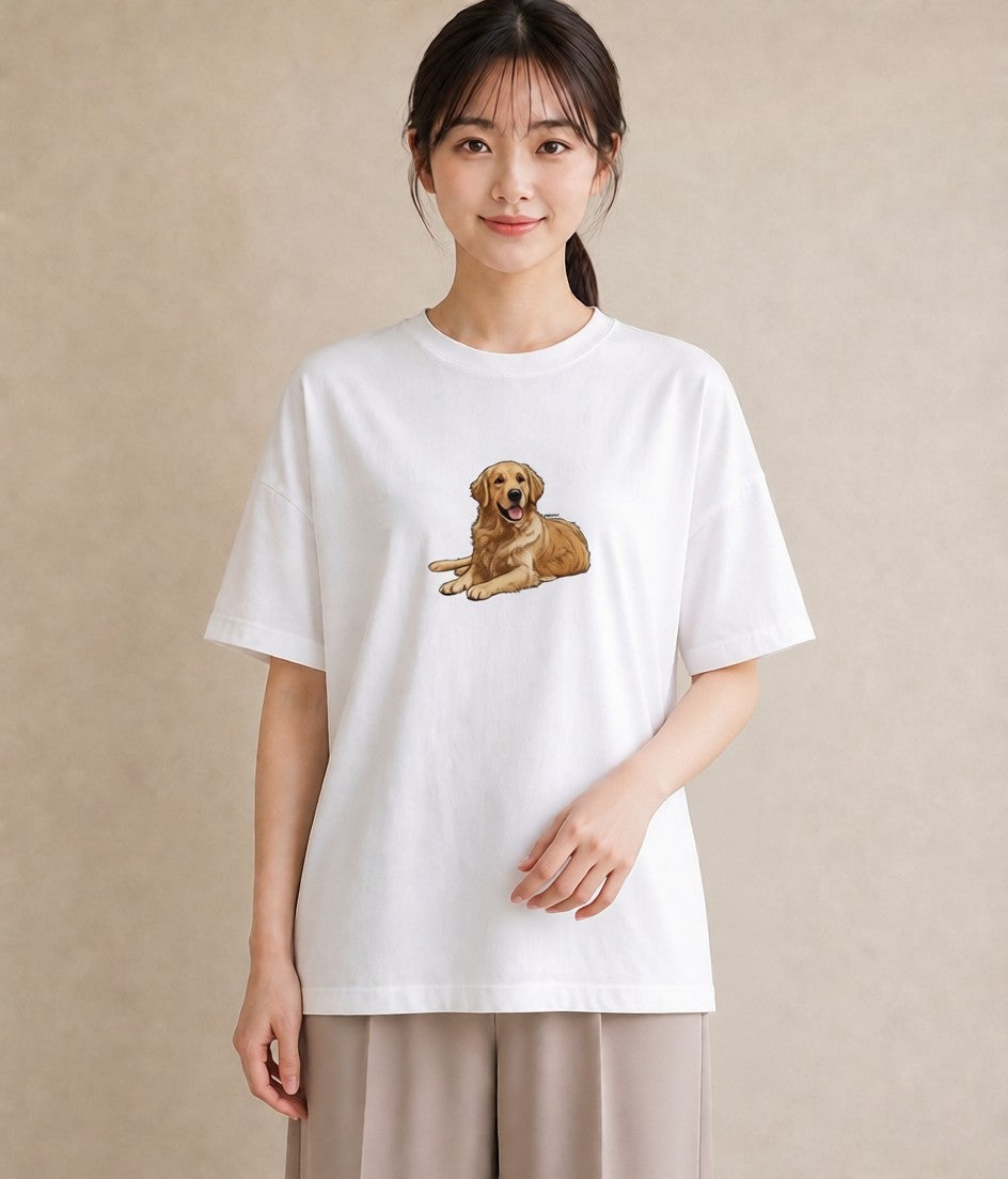 デザインTシャツ レディース ゴールデンレトリバー ゴールデン 犬 いぬ イラスト きれいめカジュアル ママ カフェ服 白T YMAZO