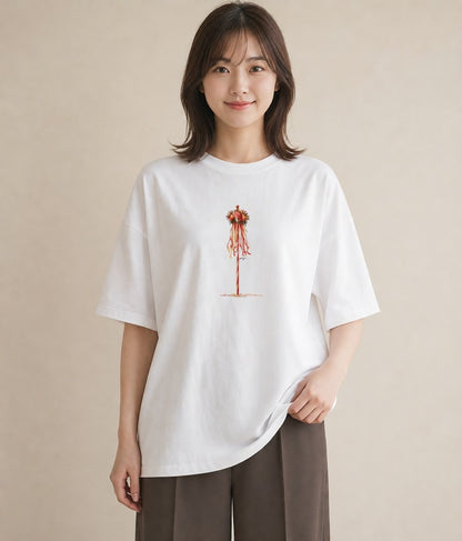 Tシャツ レディース ポスト 野の花 レトロ ナチュラル アンティーク イラスト 韓国風 ママ カフェ服 白T YMAZO