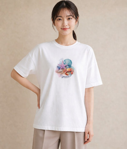 グラフィックTシャツ レディース 貝 海の生き物 海 イラスト ミニマル 女性 旅行用 白T YMAZO