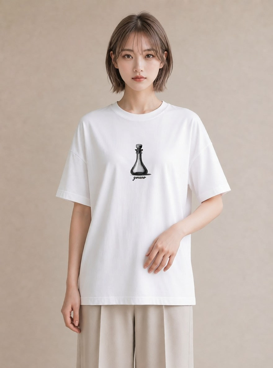 デザインTシャツ レディース ガラス瓶 小枝 ボタニカル ナチュラル アンティーク イラスト 休日コーデ 旅行 母娘コーデ 白T YMAZO
