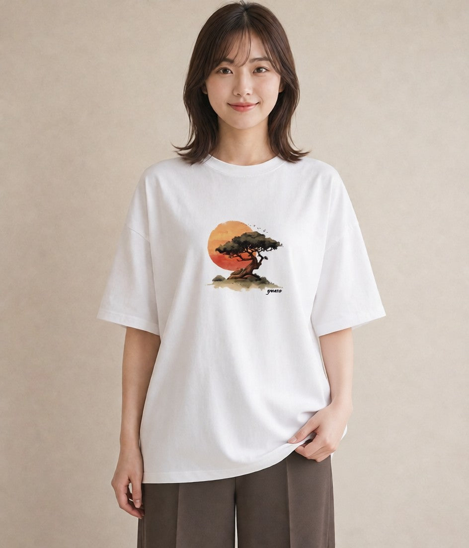 プリントTシャツ レディース 盆栽 植物 ボタニカル イラスト きれいめ 在宅 公園 白T YMAZO