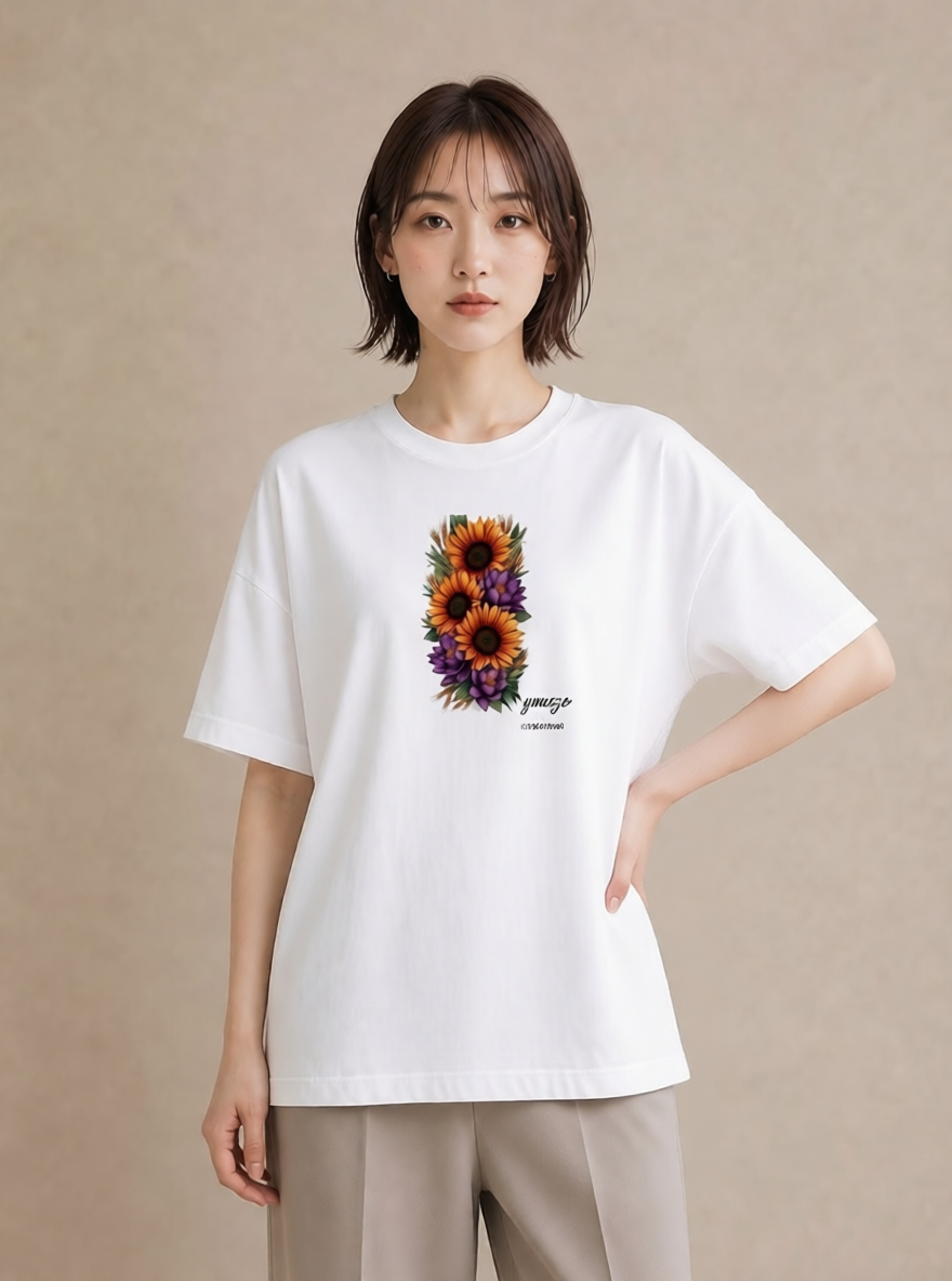 プリントTシャツ レディース ひまわり 向日葵 花 花柄 イラスト アート風 ルームウェア ギフト 白T YMAZO