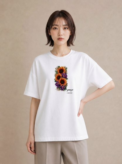 プリントTシャツ レディース ひまわり 向日葵 花 花柄 イラスト アート風 ルームウェア ギフト 白T YMAZO