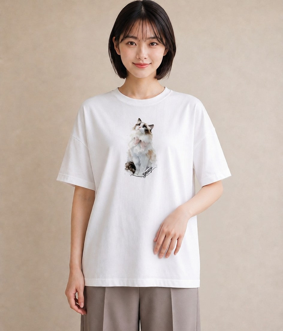 プリントTシャツ レディース 愛猫 猫 ねこ イラスト こなれ感 自分用 ルームウェア 白T YMAZO