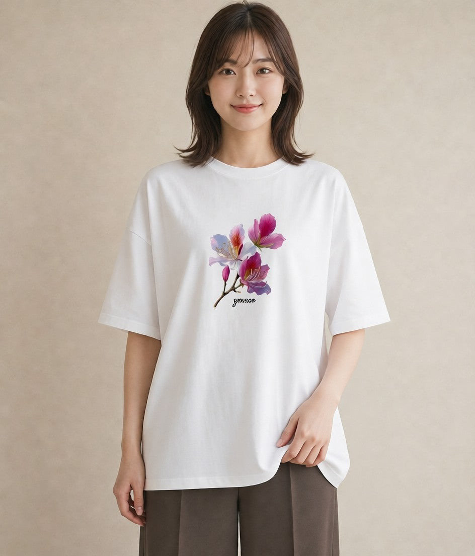 半袖Tシャツ レディース 梅 花 花柄 イラスト 旅行コーデ 買い物 夏コーデ 白T YMAZO