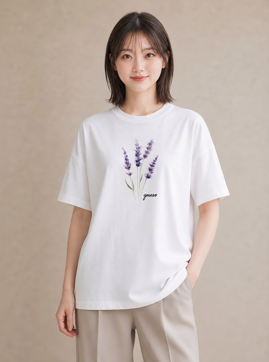 半袖Tシャツ レディース ラベンダー 花 花柄 イラスト カジュアル 旅行 母娘コーデ 白T