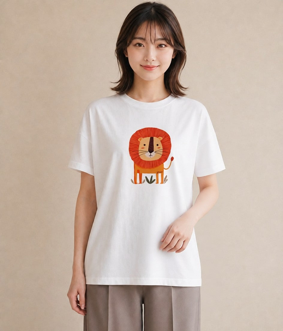 プリントTシャツ レディース ライオン 動物 アニマル イラスト 可愛い デイリーウェア 休日 白T YMAZO