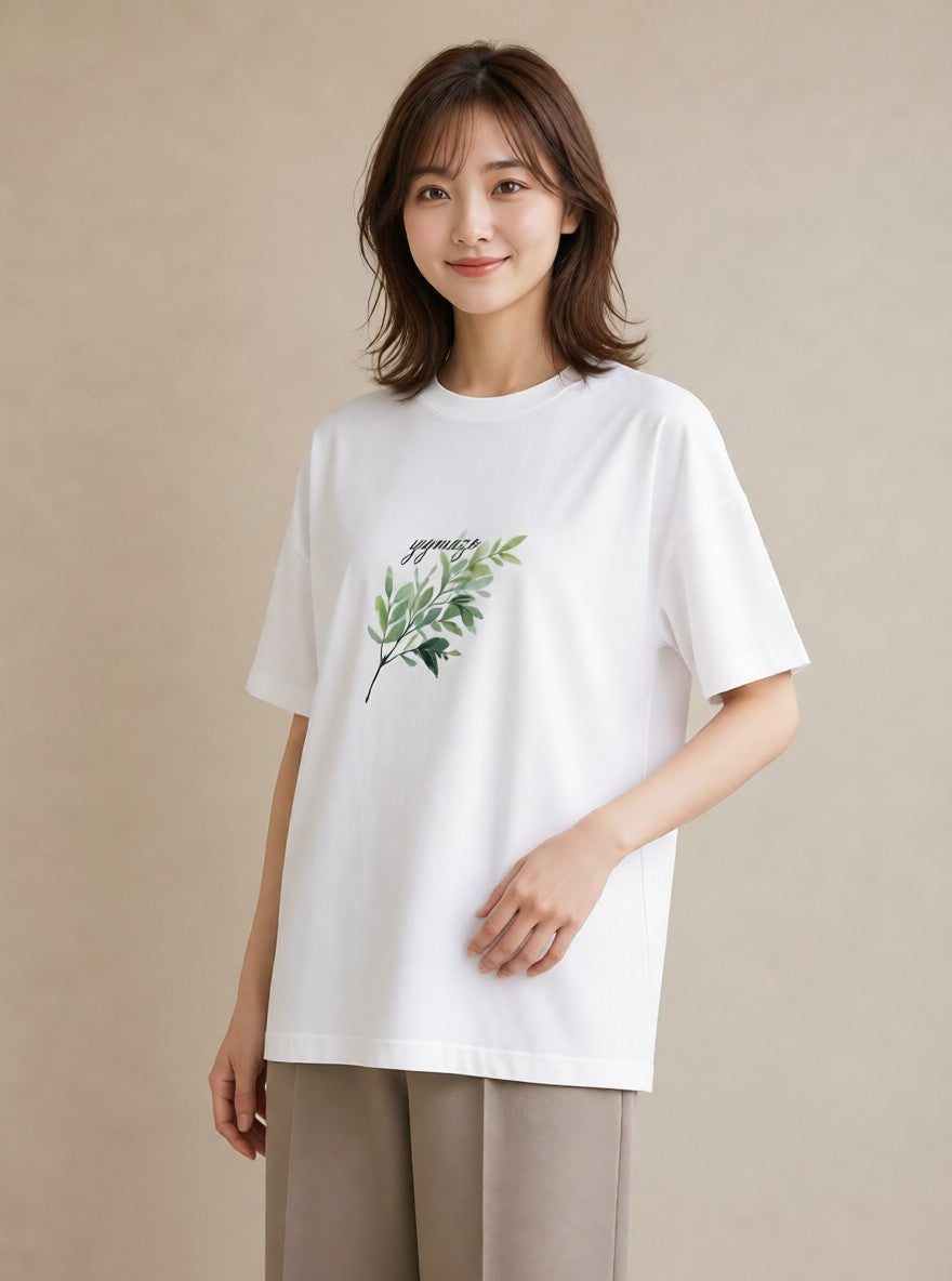 Tシャツ レディース シダ 植物 ボタニカル イラスト きれいめ 在宅 公園 白T YMAZO