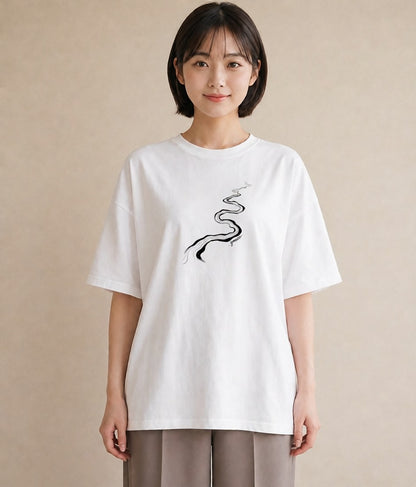 グラフィックTシャツ レディース 小川 橋 せせらぎ ナチュラル アンティーク イラスト 自分用 ルームウェア 白T YMAZO