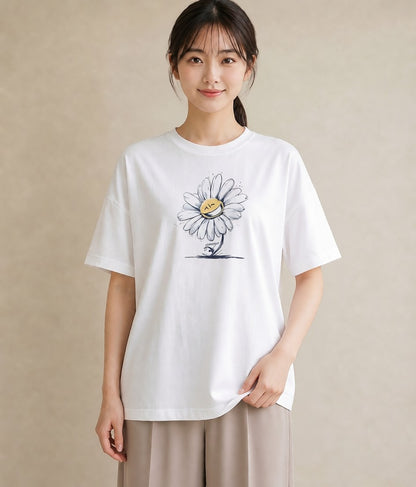 Tシャツ レディース マーガレット 花 花柄 イラスト ゆるかわ 海 カフェ巡り 白T YMAZO