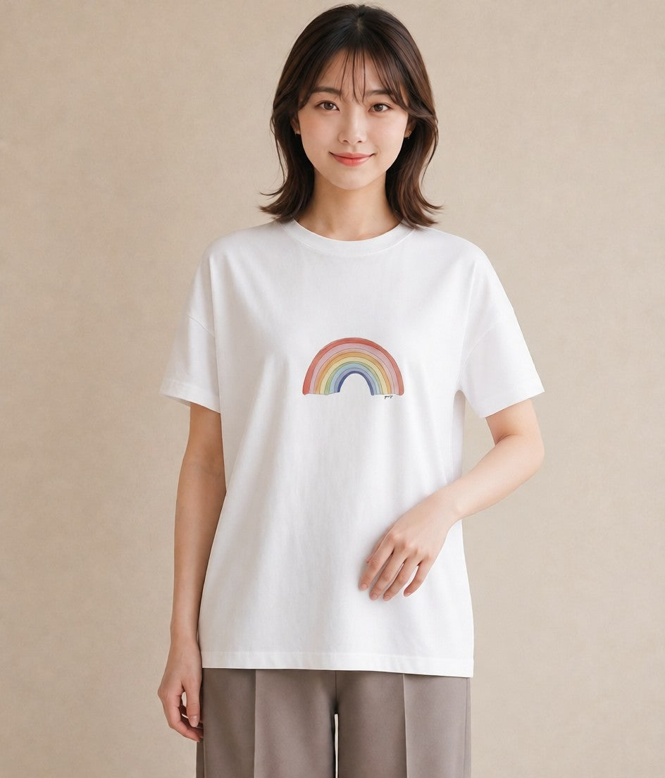 Tシャツ レディース 虹 星空 宇宙 イラスト 韓国風 在宅 公園 白T YMAZO