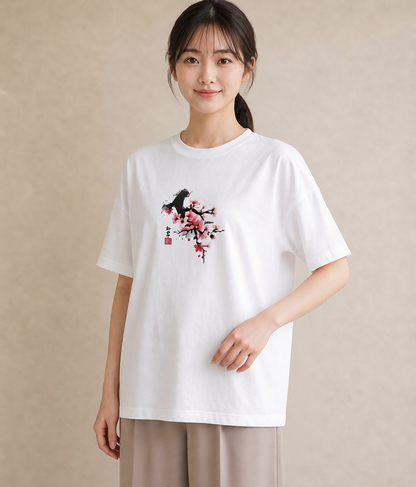 Tシャツ レディース 梅 花 花柄 イラスト モード ルームウェア ギフト 白T