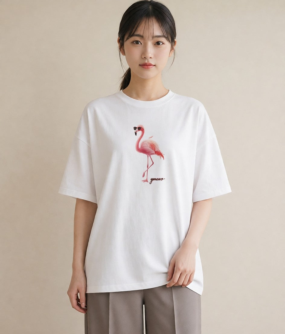 半袖Tシャツ レディース フラミンゴ 動物 アニマル イラスト シック 親子 20代 白T YMAZO