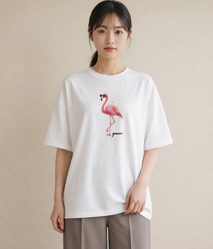 半袖Tシャツ レディース フラミンゴ 動物 アニマル イラスト シック 親子 20代 白T YMAZO