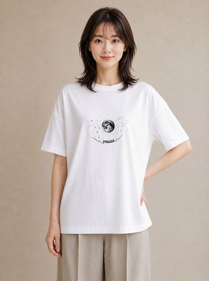 半袖Tシャツ レディース 月と星 星空 ムーン イラスト ゆるコーデ 散歩 お出かけ 白T YMAZO