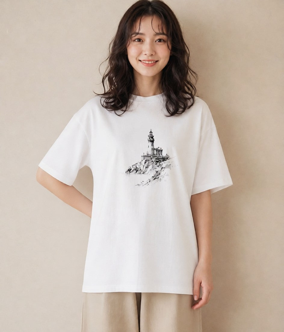 Tシャツ レディース 灯台 霧 海 ナチュラル アンティーク イラスト シック 姉妹 送別ギフト 白T YMAZO